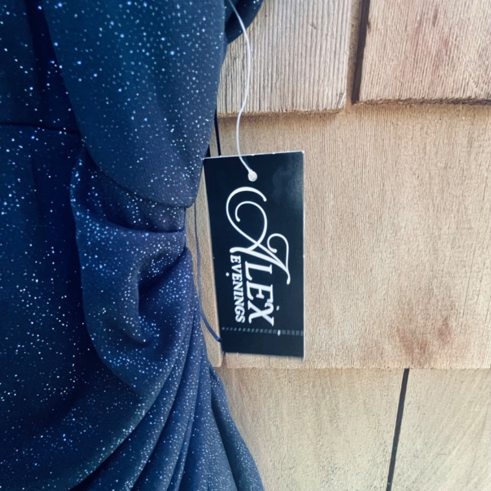 Alex Evenings Cold Shoulder Glitter Mesh Navy Dress Draped Skirt & Cowl Neckline - Picture 10 of 14